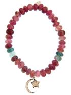 Sydney Evan Moon And Star In Diamonds And Yellow Gold On Watermelon Tourmaline Bead Bracelet