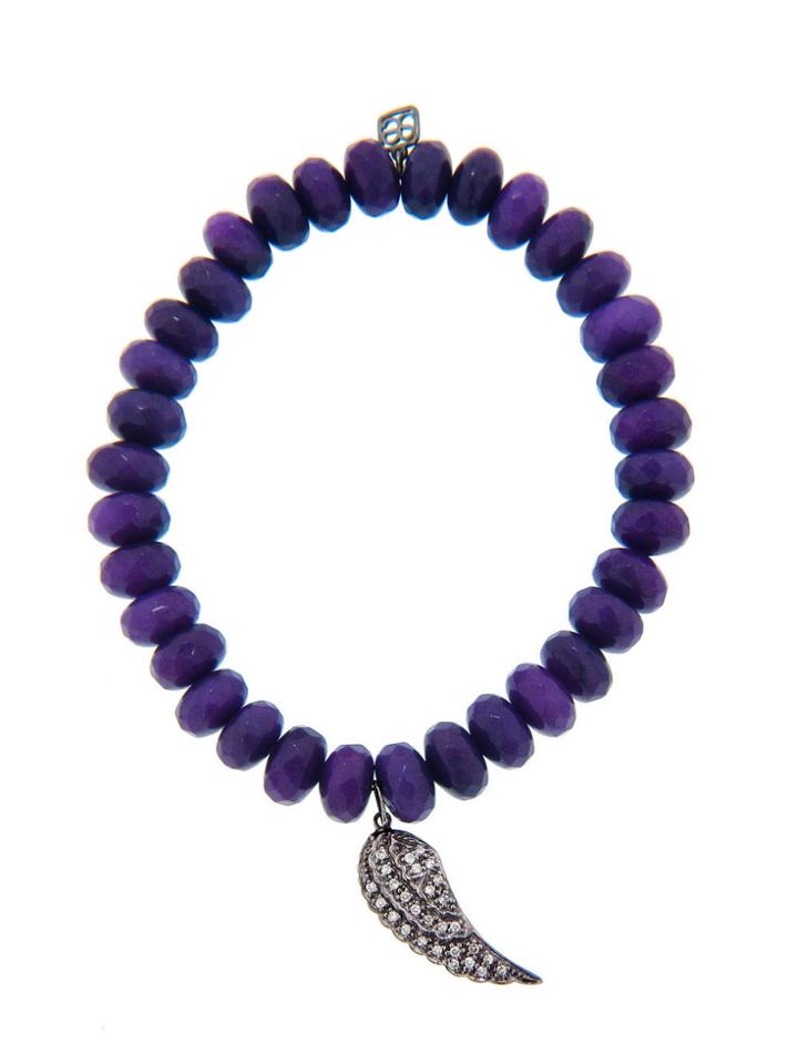 Sydney Evan Wing Charm In Blackened Gold On Eggplant Jade Bead Bracelet