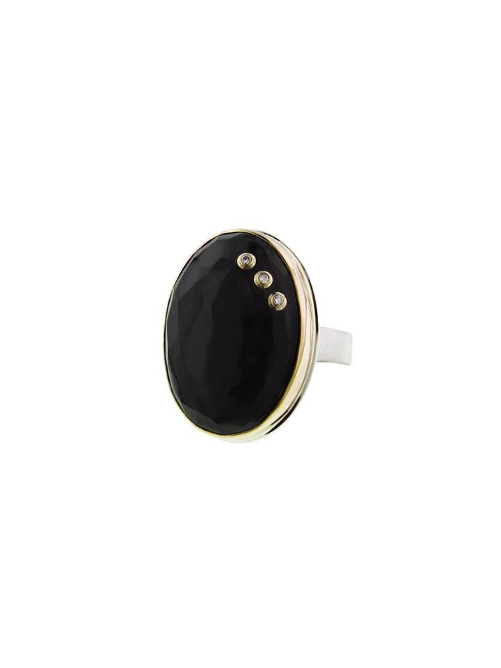 Jamie Joseph Oval Black Onyx Ring With Diamond Triplet