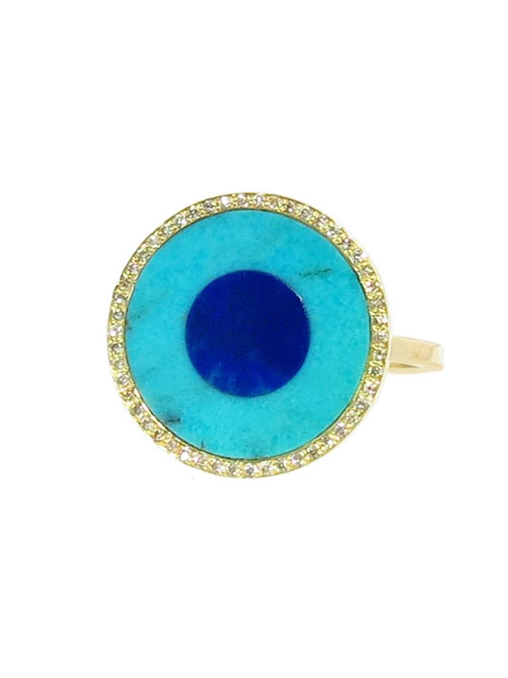 Jennifer Meyer Turquoise And Lapis Inlay Ring With Diamonds - Yellow Gold