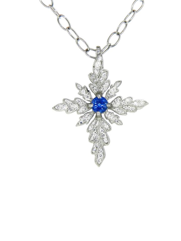 Cathy Waterman Diamond Leaf Cross With Blue Sapphire Pendant