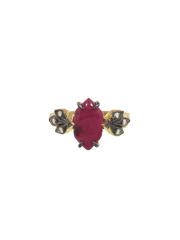 Cathy Waterman Ruby Cabachon Three Leaf Side Ring