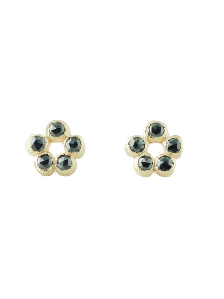 Ariko Black Diamond Flower Studs - Yellow Gold