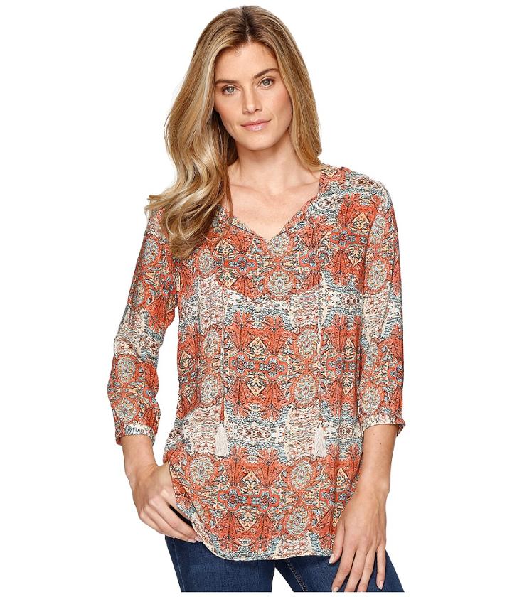 Tribal - Printed 3/4 Sleeve Blouse W/ Tassel