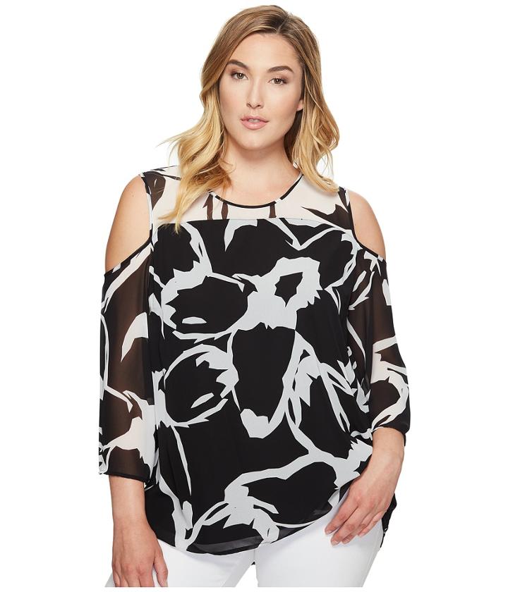 Vince Camuto Specialty Size - Plus Size Three-quarter Sleeve Cut Out Floral Cold Shoulder Blouse