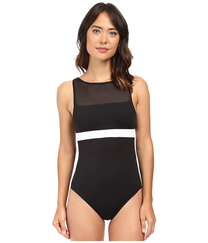 Lauren Ralph Lauren - Mesh Blocked Solids Hi-neck One-piece