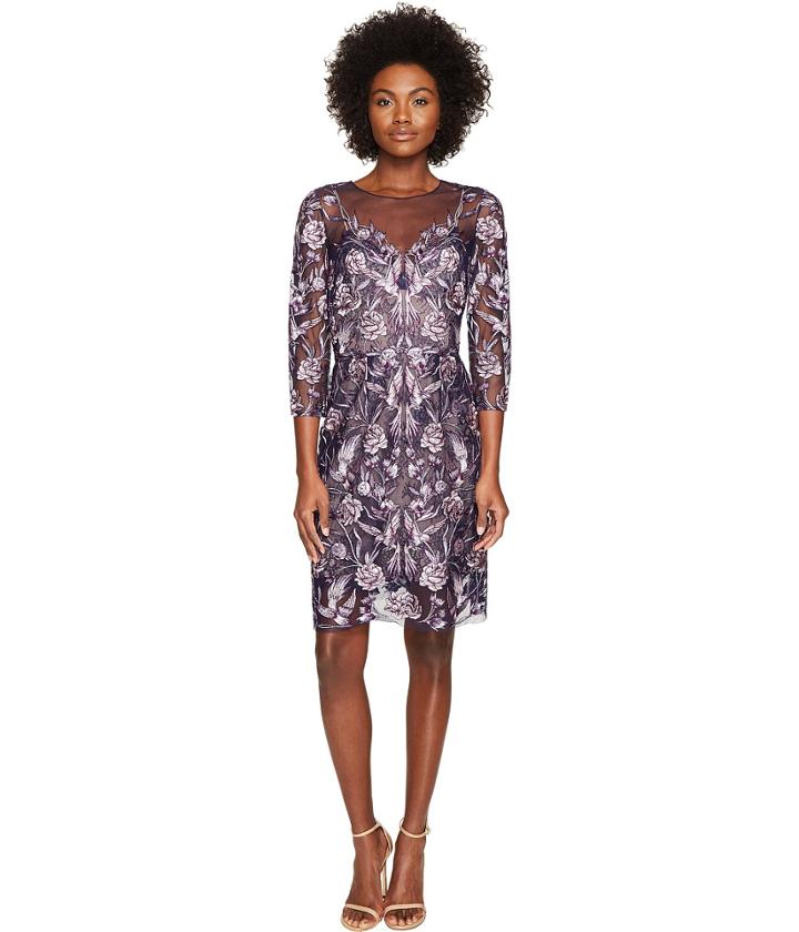 Marchesa Notte - All Over Embroidered Cocktail Dress W/ 3/4 Sleeves