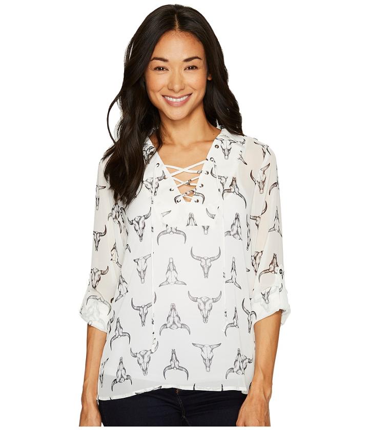 Cruel - Long Sleeve Tie Fit Printed Chiffon Blouse