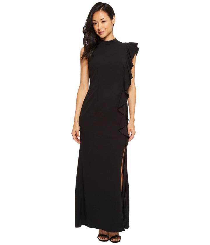 Adrianna Papell - Petite Sleeveless Mock Neck Flutter Acent Knit Crepe Gown