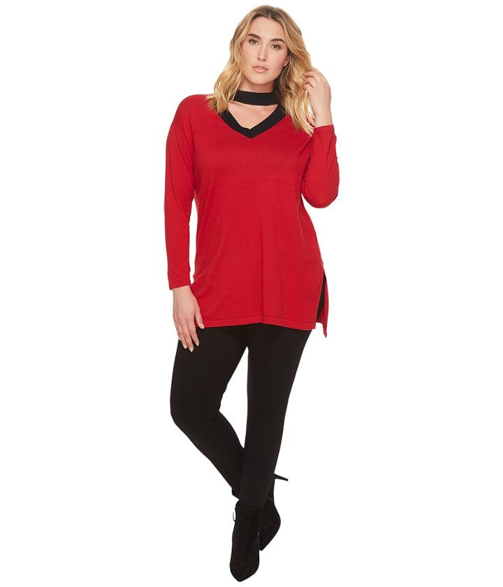 Vince Camuto Specialty Size - Plus Size Long Sleeve Mock Choker V-neck Sweater