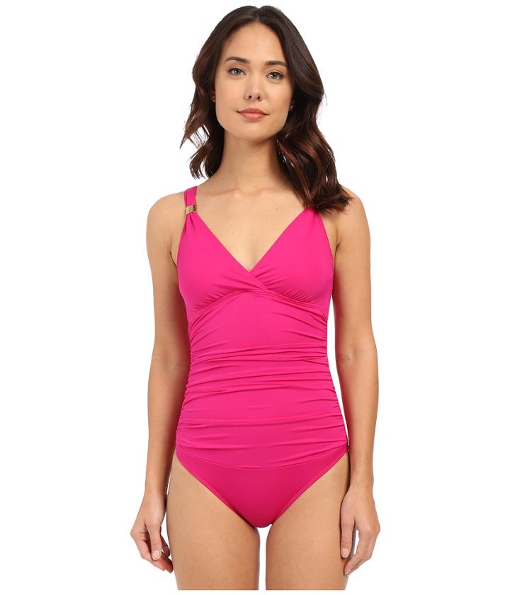 Lauren By Ralph Lauren - Beach Club Shirred Surplice Mio Slimming Fit One-piece W/ Removable Cup
