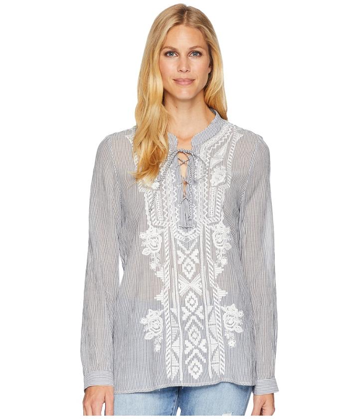 Dylan By True Grit - Artisan Lace-up Stripe Long Sleeve Blouse With White Embroidery