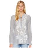 Dylan By True Grit - Artisan Lace-up Stripe Long Sleeve Blouse With White Embroidery