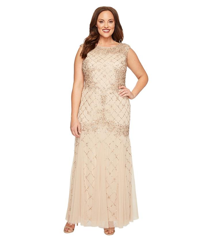 Adrianna Papell - Plus Size Cap Sleeve Fully Beaded Lattice Motif Gown