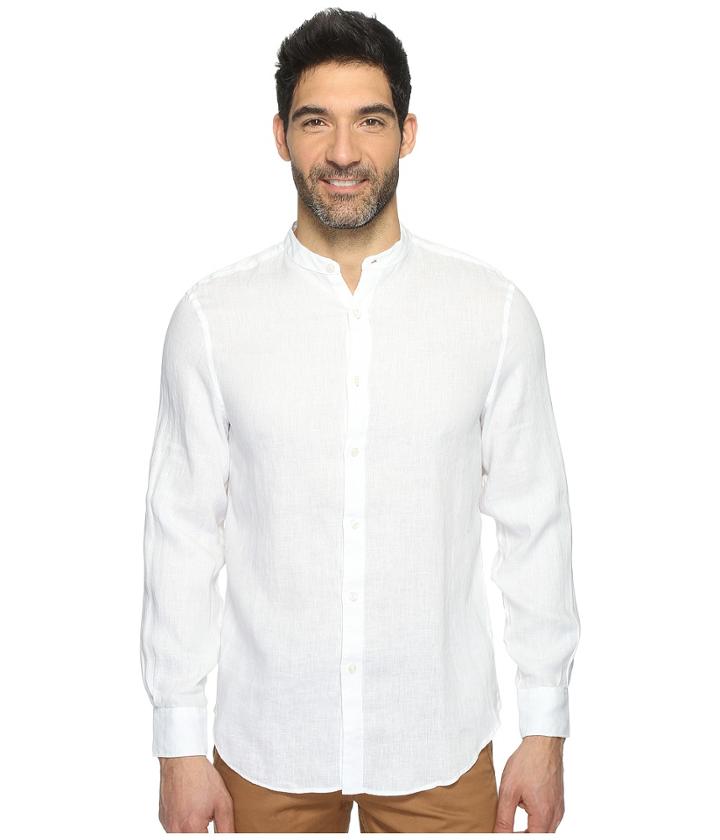 Perry Ellis - Long Sleeve Solid Banded Collar Linen Shirt