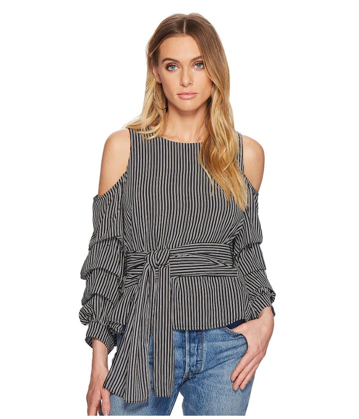 J.o.a. - Striped Cold Shoulder Top With Ruched Sleeve
