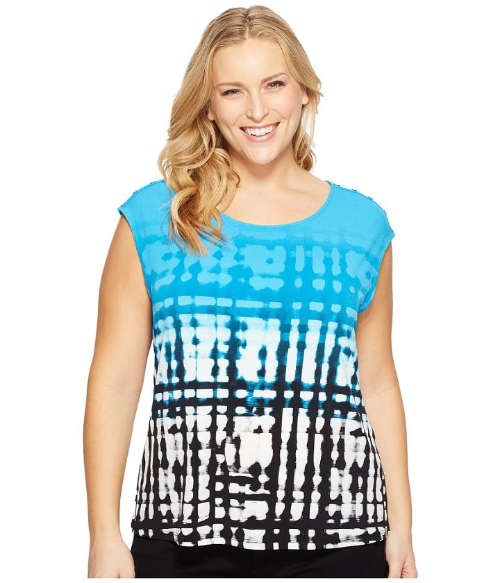 Calvin Klein Plus - Plus Size Extended Shoulder Printed Top W/ Buttons