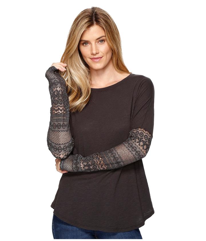 Dylan By True Grit - Soft Slub Knit T-shirt W/ Floral Lace Sleeve