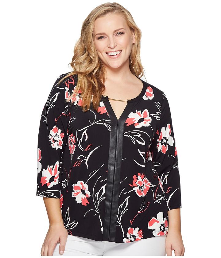 Calvin Klein Plus - Plus Size 3/4 Sleeve Print Top With Hardware