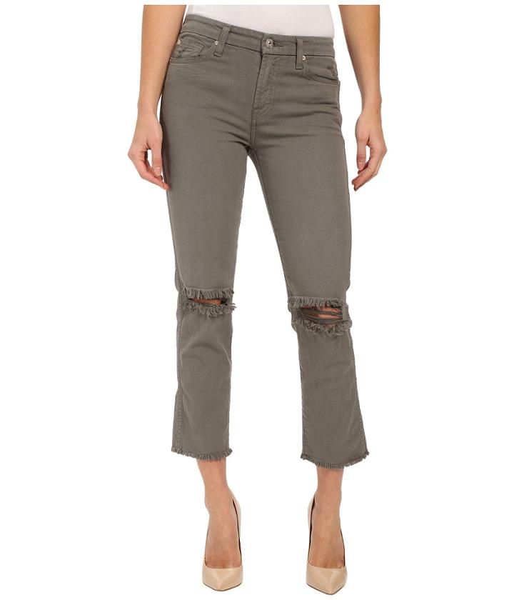 7 For All Mankind - Cropped High Waist Vintage Straight W/ Raw Hem Knee Holes In Moss
