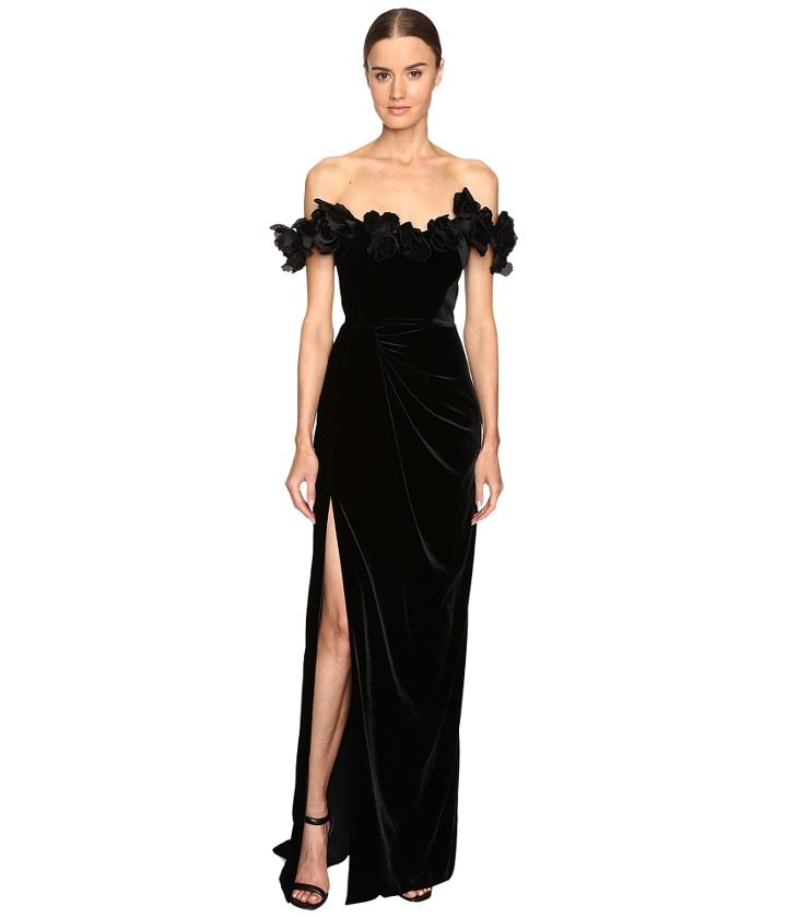 Marchesa - Velvet Off The Shoulder Column Gown With High Slit Embellished With Laser-cut Organza And Velvet Flowers
