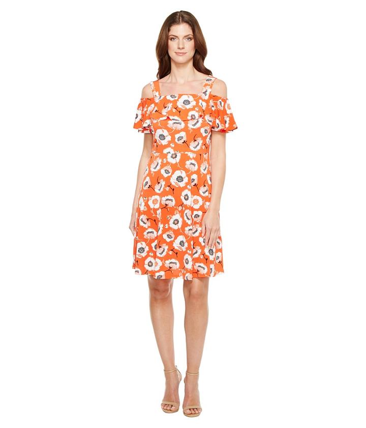 Adrianna Papell - Off Shoulder Short Sleeve Fit And Flare Printed Dress