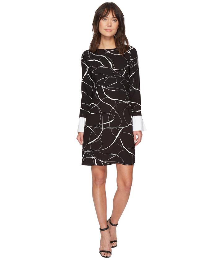 Vince Camuto - Ink Swirl Printed Mix Media Flare Dress