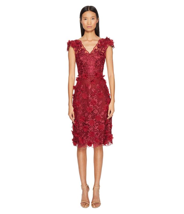 Marchesa Notte - Embroidered V-neck Cocktail W/ Cap Sleeve Dress