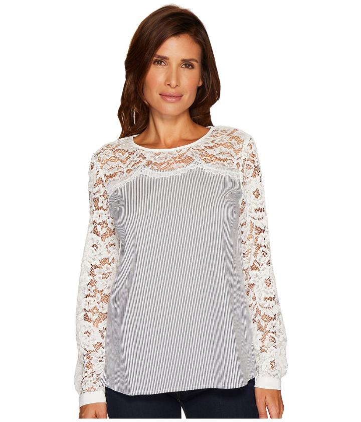 Cece - Long Sleeve Yarn-dye Pinstripe Lace Yoke Blouse