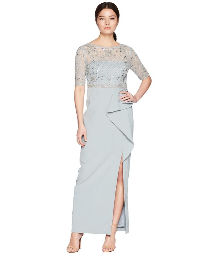 Adrianna Papell - Petite 3/4 Sleeve Beaded Bodice Mob Gown With Ruffle Crepe Skirt