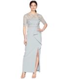 Adrianna Papell - Petite 3/4 Sleeve Beaded Bodice Mob Gown With Ruffle Crepe Skirt