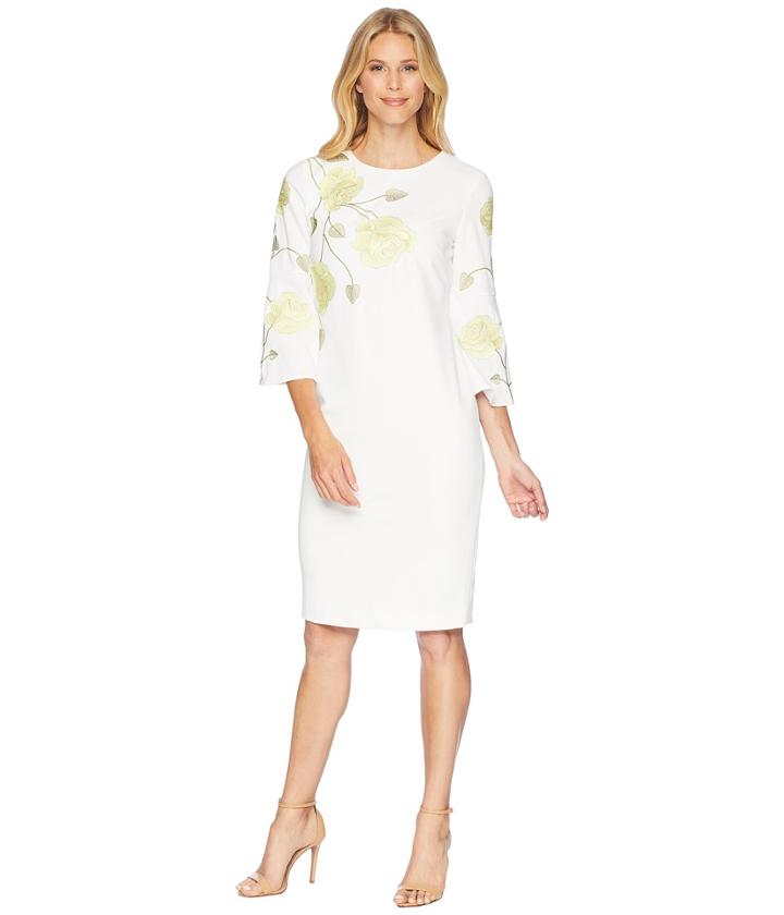 Tahari By Asl - Long Sleeve Floral Embroidered Crepe Sheath Dress