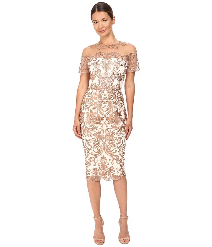 Marchesa Notte - Short Sleeve Metallic Embroidered Tulle Dress