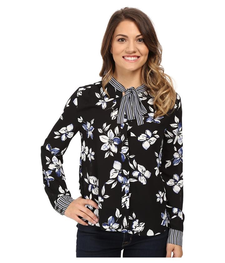 Nydj Petite - Petite Printed Long Sleeve Tie Neck Blouse