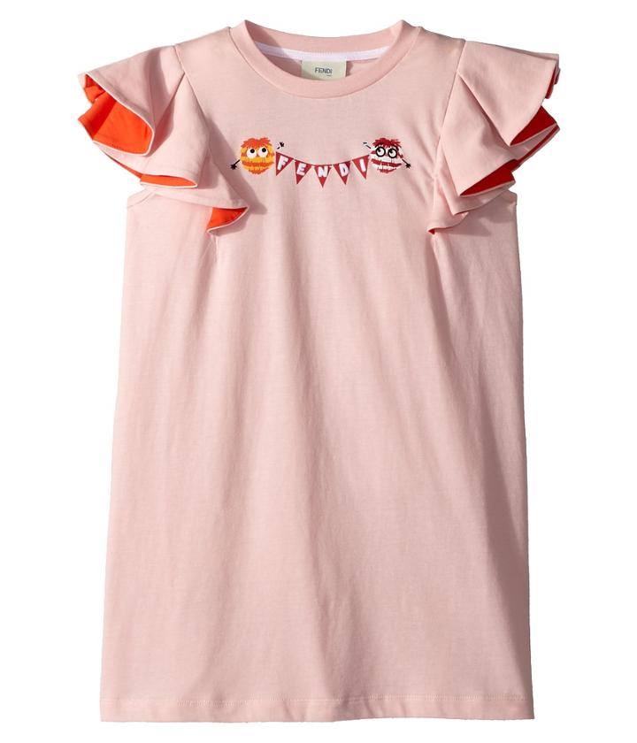 Fendi Kids - Ruffle Sleeve Logo Pom Pom Graphic T-shirt