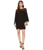 Halston Heritage - Flowery Sleeve Sheer Yoke Colorblocked Dress