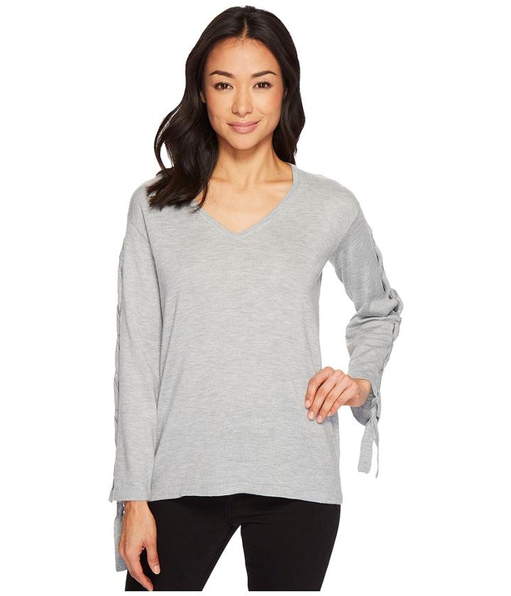 Vince Camuto Specialty Size - Petite Long Sleeve V-neck Lace-up Sleeve Sweater