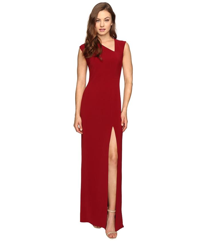 Halston Heritage - Cap Sleeve Asymmetrical V-neck Crepe Gown W/ Slit