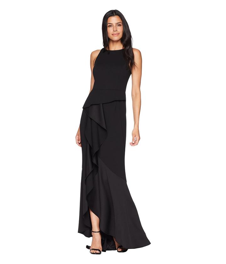 Adrianna Papell - Sleeveless Long Knit Crepe Gown With Cascade Skirt Detail