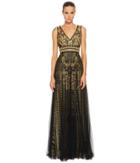 Marchesa Notte - Embroidered Sleeveless Column Gown W/ Draped Tulle Overlay