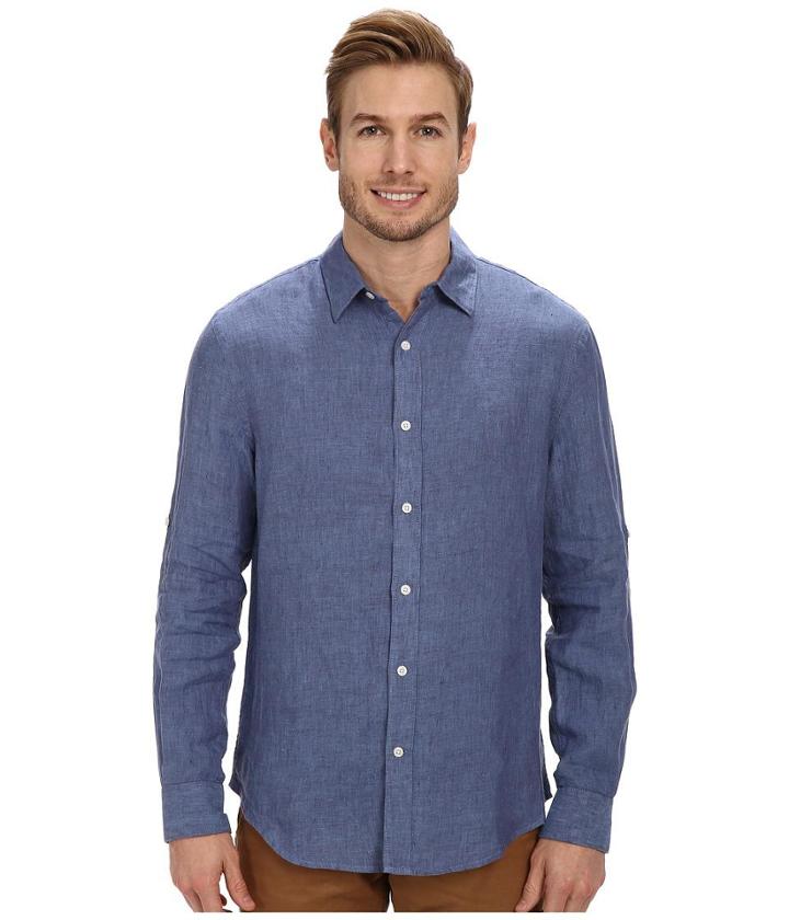 Perry Ellis Rolled Sleeve Solid Linen Shirt