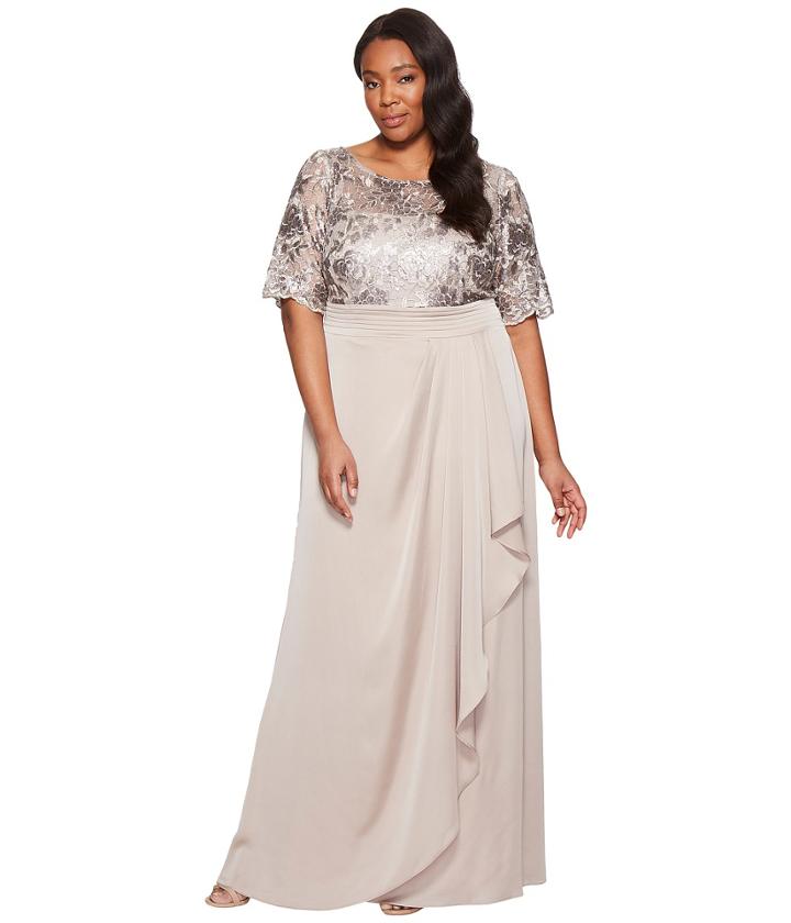 Adrianna Papell - Plus Size Sequin Embroiderd Draped Gown With Elbow Sleeve