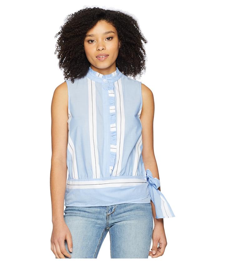 Vince Camuto - Sleeveless Ruffle Front Tie Waist Yarn-dyed Stripe Shirt