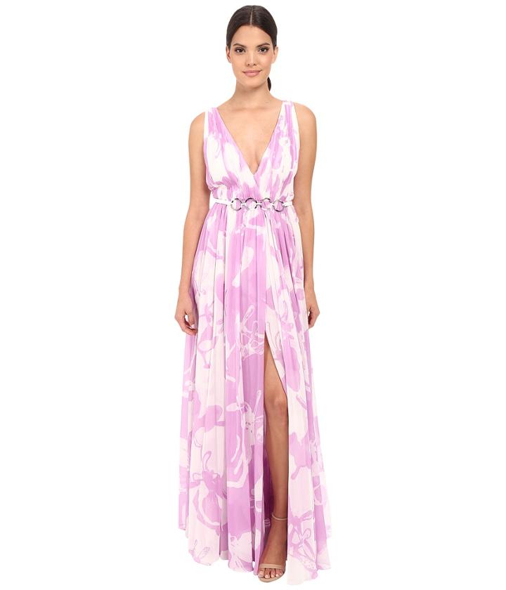 Halston Heritage - Sleeveless V-neck Print Blocked Chiffon Gown