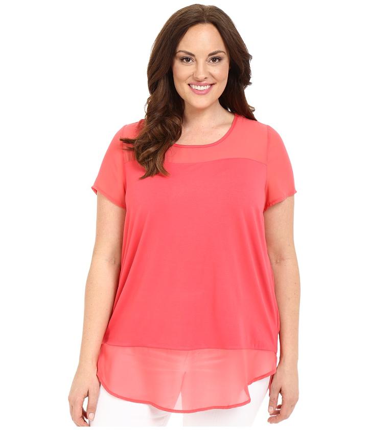 Vince Camuto Plus - Plus Size Short Sleeve Mix Media Top With Chiffon Yoke And Hem
