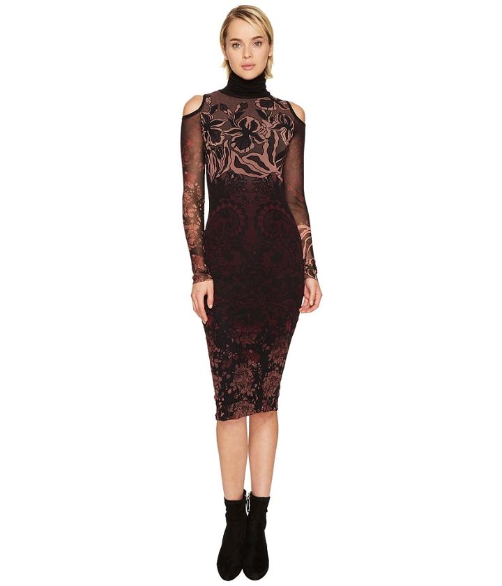 Fuzzi - Cut Out Shoulder Long Sleeve Turtleneck Layered Lace Dress Cover-up