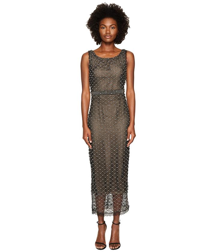 Marchesa Notte - Stretch Crepe Jewel Neck Gown W/ Beaded Illusion Back