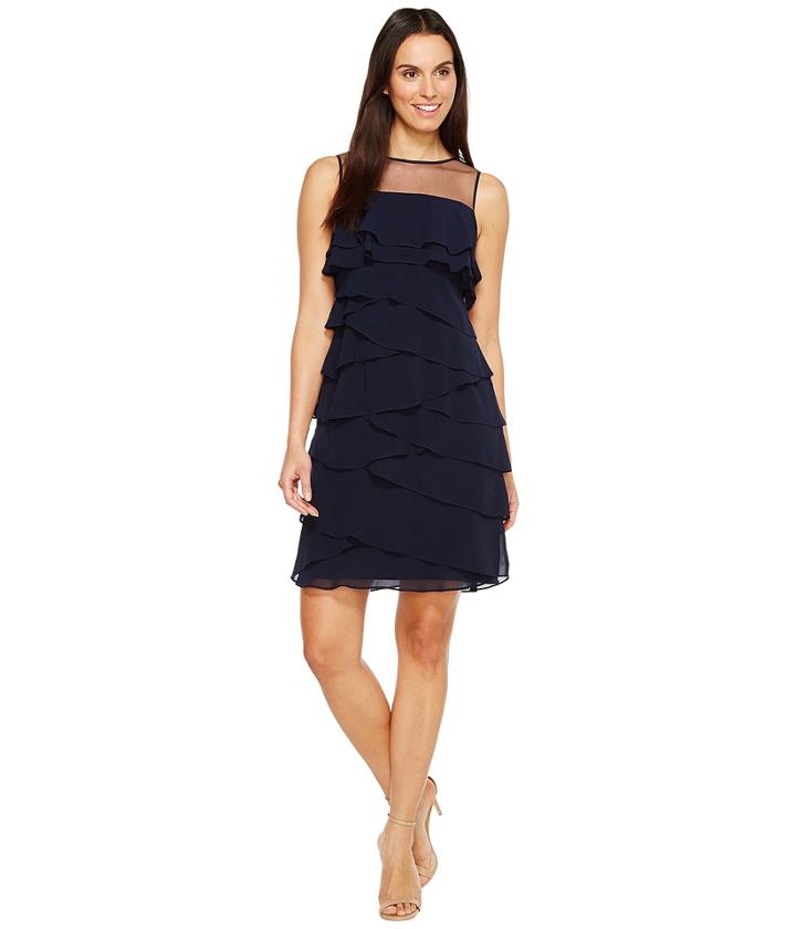 Adrianna Papell - Tiered Chiffon Shutter Tuck Sheath Dress W/ Illusion Neckline