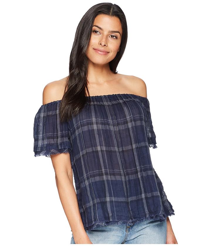 Lucky Brand - Off Shoulder Plaid Raw Edge Top