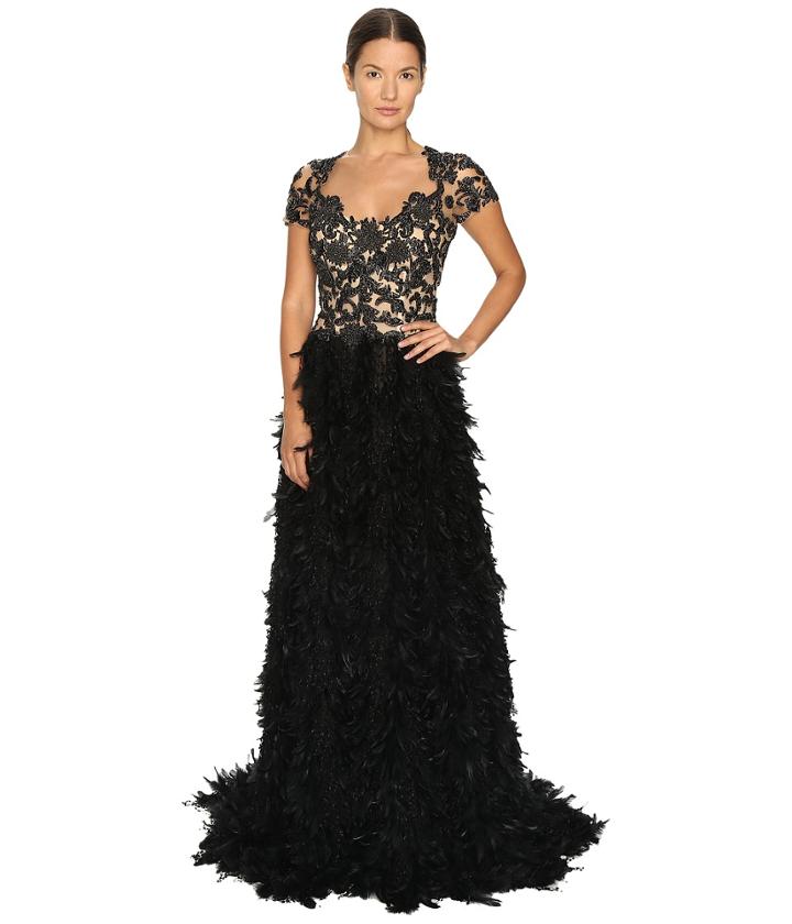 Marchesa - Threadwork And Jet Crystal Embroidered A-line Gown With Fringed Feather Skirt